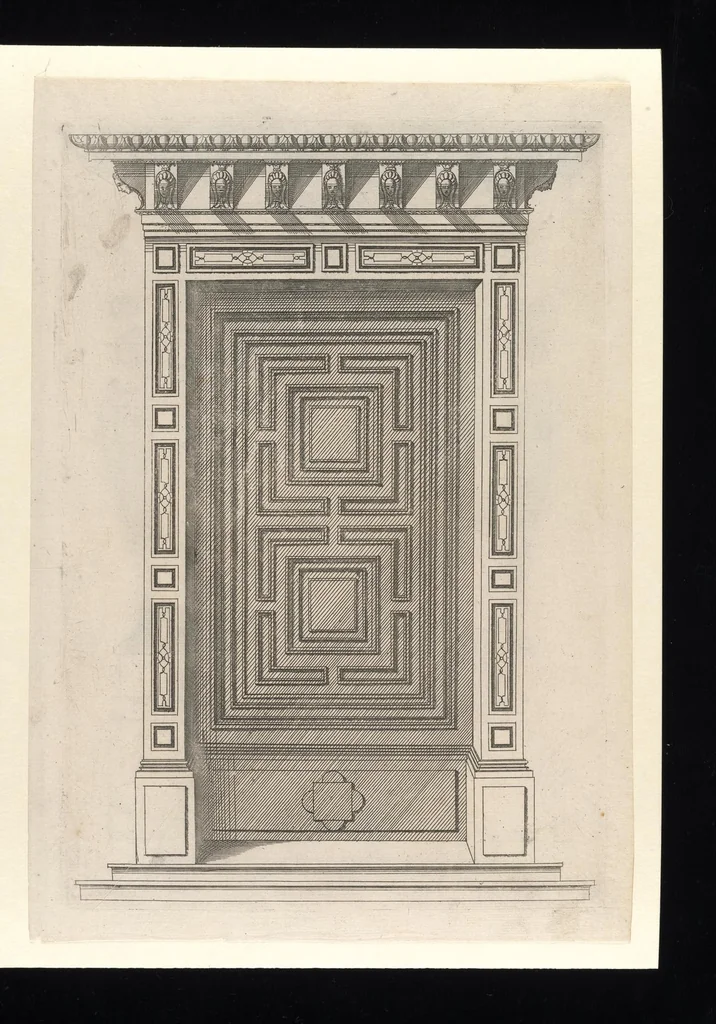An illustration from Second livre d'architectvre, contenant plvsievrs et diverses ordonnances de cheminees, lvcarnes, portes, fonteines, puis, & pauillons, pour enrichir tant le dedans que le dehors de tous edifices. Auec les desseings de dix sepultures toutes differentes, 1561, leaf 50