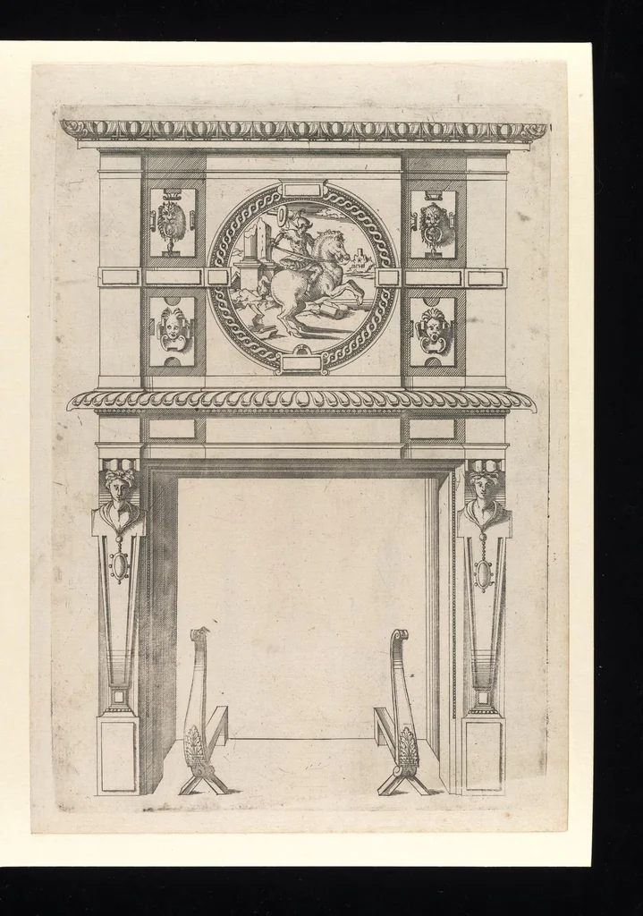 An illustration from Second livre d'architectvre, contenant plvsievrs et diverses ordonnances de cheminees, lvcarnes, portes, fonteines, puis, & pauillons, pour enrichir tant le dedans que le dehors de tous edifices. Auec les desseings de dix sepultures toutes differentes, 1561, leaf 56