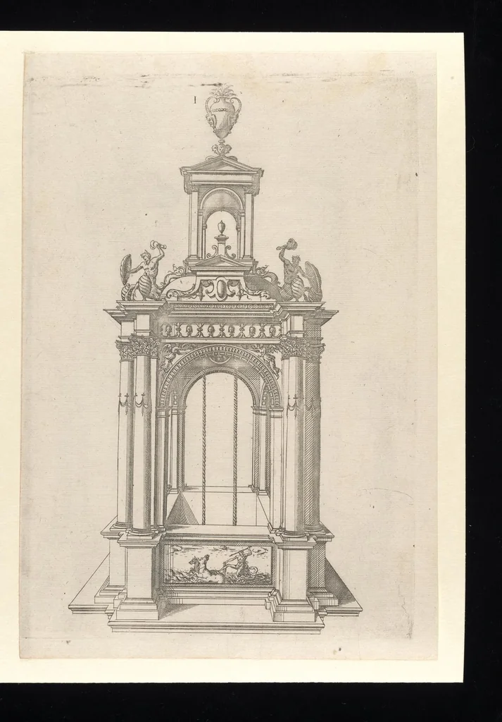 An illustration from Second livre d'architectvre, contenant plvsievrs et diverses ordonnances de cheminees, lvcarnes, portes, fonteines, puis, & pauillons, pour enrichir tant le dedans que le dehors de tous edifices. Auec les desseings de dix sepultures toutes differentes, 1561, leaf 62