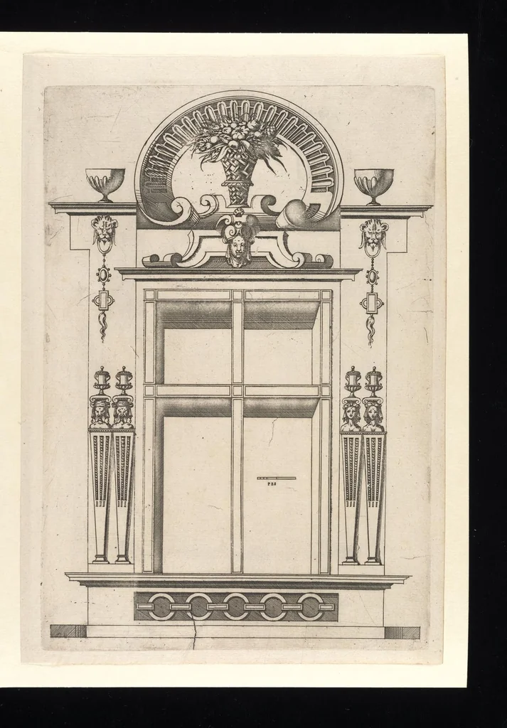 An illustration from Second livre d'architectvre, contenant plvsievrs et diverses ordonnances de cheminees, lvcarnes, portes, fonteines, puis, & pauillons, pour enrichir tant le dedans que le dehors de tous edifices. Auec les desseings de dix sepultures toutes differentes, 1561, leaf 68