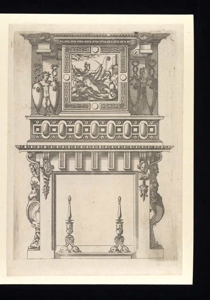 An illustration from Second livre d'architectvre, contenant plvsievrs et diverses ordonnances de cheminees, lvcarnes, portes, fonteines, puis, & pauillons, pour enrichir tant le dedans que le dehors de tous edifices. Auec les desseings de dix sepultures toutes differentes, 1561, leaf 82