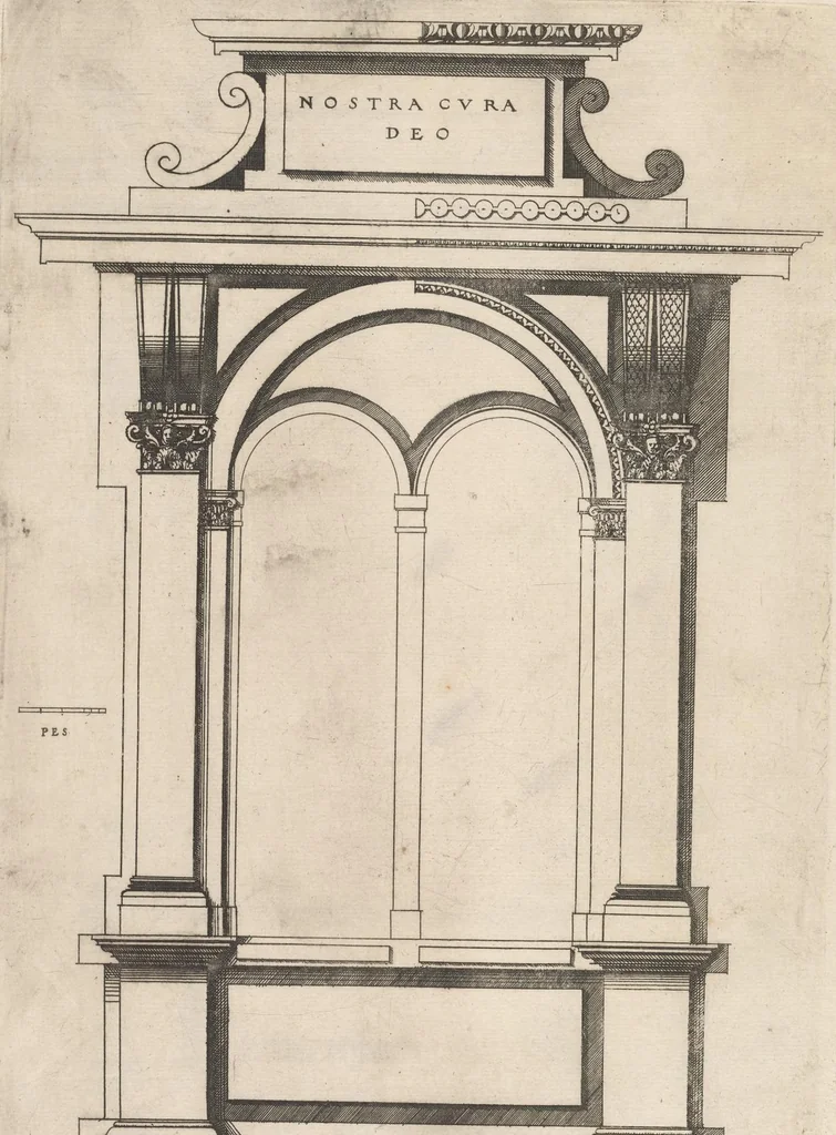 An illustration from Second livre d'architectvre, contenant plvsievrs et diverses ordonnances de cheminees, lvcarnes, portes, fonteines, puis, & pauillons, pour enrichir tant le dedans que le dehors de tous edifices. Auec les desseings de dix sepultures toutes differentes, 1561, leaf 84