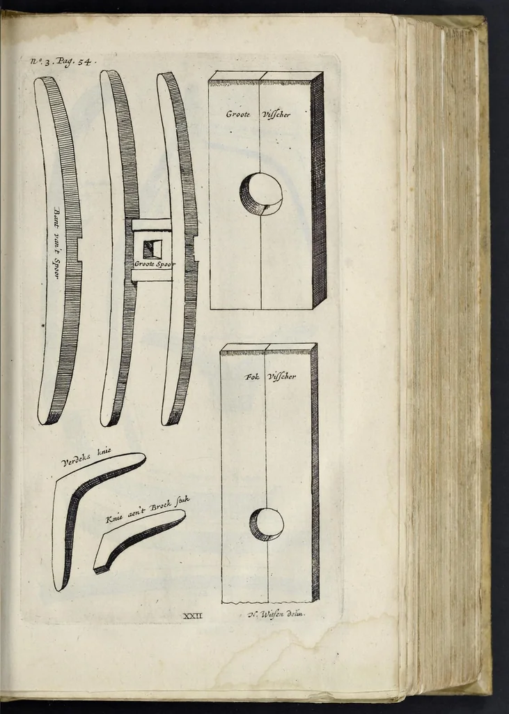An illustration from Aeloude en hedendaegsche scheeps-bouw en bestier : waer in wijtloopigh wert verhandelt, de wijze van scheeps-timmeren, by Grieken en Romeynen : scheeps-oeffeningen, strijden, tucht, straffe, wetten en gewoonten : beneffens evenmatige grootheden van schepen onses tijts, ontleet in alle hare deelen : verschil van bouwen tusschen uitheemschen en onzen landaert : indisch vaertuygh : galey-bouw : hedendaegsche scheeps-plichten : verrijckt met een reex verklaerde zee-mans spreeck-woorden en benamingen : doorgaens verciert met vele kopere platen, 1671, leaf 118