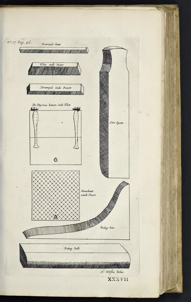 An illustration from Aeloude en hedendaegsche scheeps-bouw en bestier : waer in wijtloopigh wert verhandelt, de wijze van scheeps-timmeren, by Grieken en Romeynen : scheeps-oeffeningen, strijden, tucht, straffe, wetten en gewoonten : beneffens evenmatige grootheden van schepen onses tijts, ontleet in alle hare deelen : verschil van bouwen tusschen uitheemschen en onzen landaert : indisch vaertuygh : galey-bouw : hedendaegsche scheeps-plichten : verrijckt met een reex verklaerde zee-mans spreeck-woorden en benamingen : doorgaens verciert met vele kopere platen, 1671, leaf 150
