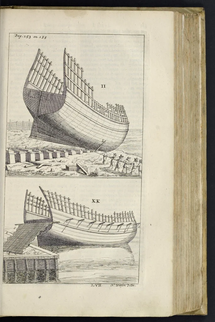 An illustration from Aeloude en hedendaegsche scheeps-bouw en bestier : waer in wijtloopigh wert verhandelt, de wijze van scheeps-timmeren, by Grieken en Romeynen : scheeps-oeffeningen, strijden, tucht, straffe, wetten en gewoonten : beneffens evenmatige grootheden van schepen onses tijts, ontleet in alle hare deelen : verschil van bouwen tusschen uitheemschen en onzen landaert : indisch vaertuygh : galey-bouw : hedendaegsche scheeps-plichten : verrijckt met een reex verklaerde zee-mans spreeck-woorden en benamingen : doorgaens verciert met vele kopere platen, 1671, leaf 288