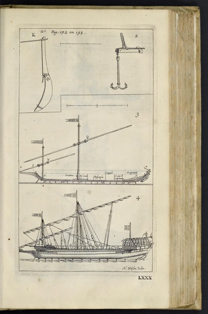 An illustration from Aeloude en hedendaegsche scheeps-bouw en bestier : waer in wijtloopigh wert verhandelt, de wijze van scheeps-timmeren, by Grieken en Romeynen : scheeps-oeffeningen, strijden, tucht, straffe, wetten en gewoonten : beneffens evenmatige grootheden van schepen onses tijts, ontleet in alle hare deelen : verschil van bouwen tusschen uitheemschen en onzen landaert : indisch vaertuygh : galey-bouw : hedendaegsche scheeps-plichten : verrijckt met een reex verklaerde zee-mans spreeck-woorden en benamingen : doorgaens verciert met vele kopere platen, 1671, leaf 374