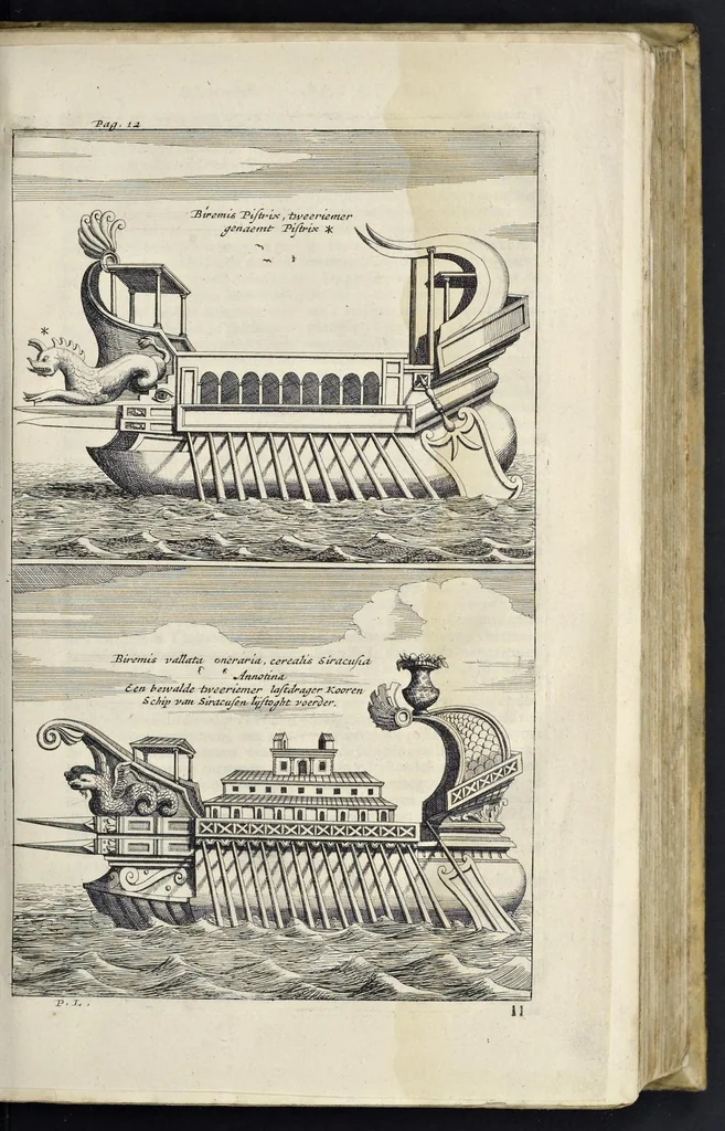 An illustration from Aeloude en hedendaegsche scheeps-bouw en bestier : waer in wijtloopigh wert verhandelt, de wijze van scheeps-timmeren, by Grieken en Romeynen : scheeps-oeffeningen, strijden, tucht, straffe, wetten en gewoonten : beneffens evenmatige grootheden van schepen onses tijts, ontleet in alle hare deelen : verschil van bouwen tusschen uitheemschen en onzen landaert : indisch vaertuygh : galey-bouw : hedendaegsche scheeps-plichten : verrijckt met een reex verklaerde zee-mans spreeck-woorden en benamingen : doorgaens verciert met vele kopere platen, 1671, leaf 38