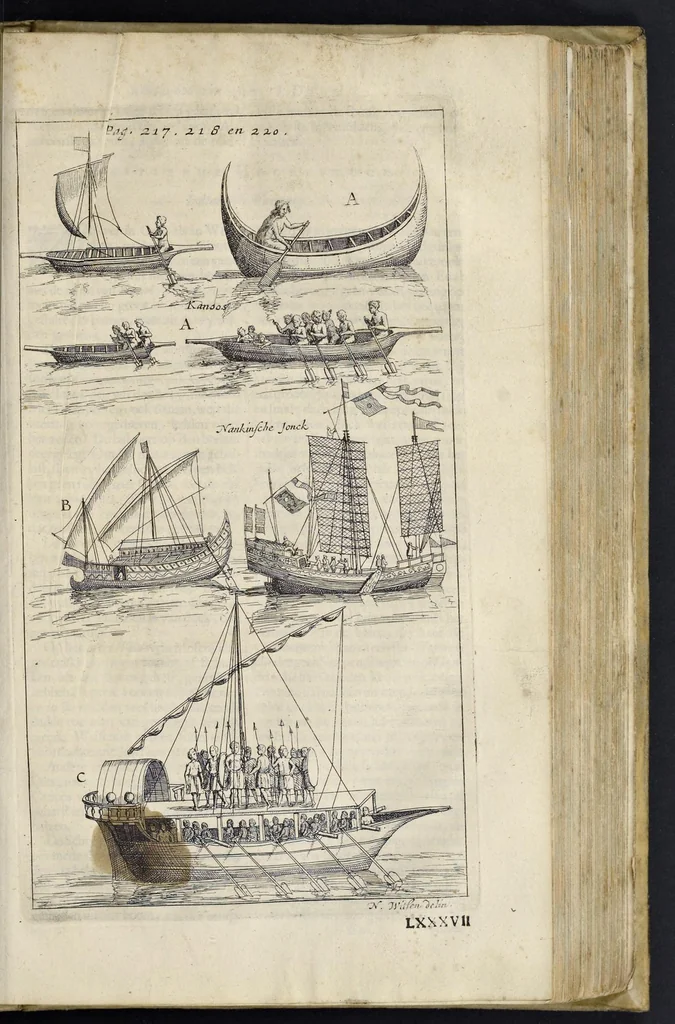 An illustration from Aeloude en hedendaegsche scheeps-bouw en bestier : waer in wijtloopigh wert verhandelt, de wijze van scheeps-timmeren, by Grieken en Romeynen : scheeps-oeffeningen, strijden, tucht, straffe, wetten en gewoonten : beneffens evenmatige grootheden van schepen onses tijts, ontleet in alle hare deelen : verschil van bouwen tusschen uitheemschen en onzen landaert : indisch vaertuygh : galey-bouw : hedendaegsche scheeps-plichten : verrijckt met een reex verklaerde zee-mans spreeck-woorden en benamingen : doorgaens verciert met vele kopere platen, 1671, leaf 412