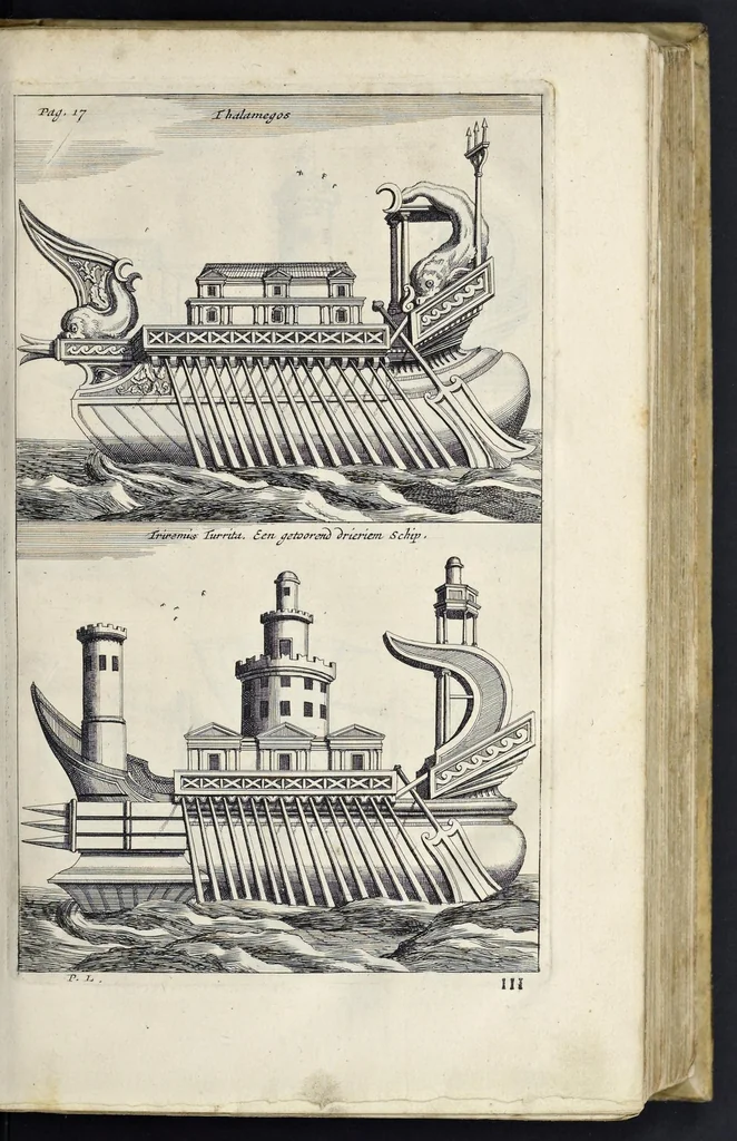 An illustration from Aeloude en hedendaegsche scheeps-bouw en bestier : waer in wijtloopigh wert verhandelt, de wijze van scheeps-timmeren, by Grieken en Romeynen : scheeps-oeffeningen, strijden, tucht, straffe, wetten en gewoonten : beneffens evenmatige grootheden van schepen onses tijts, ontleet in alle hare deelen : verschil van bouwen tusschen uitheemschen en onzen landaert : indisch vaertuygh : galey-bouw : hedendaegsche scheeps-plichten : verrijckt met een reex verklaerde zee-mans spreeck-woorden en benamingen : doorgaens verciert met vele kopere platen, 1671, leaf 42