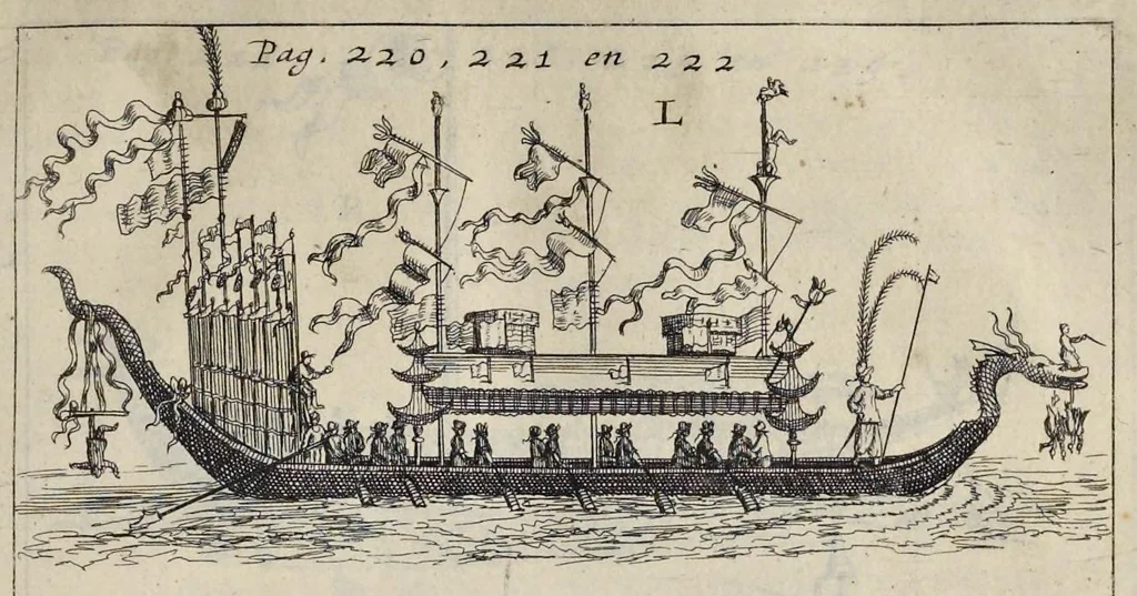 An illustration from Aeloude en hedendaegsche scheeps-bouw en bestier : waer in wijtloopigh wert verhandelt, de wijze van scheeps-timmeren, by Grieken en Romeynen : scheeps-oeffeningen, strijden, tucht, straffe, wetten en gewoonten : beneffens evenmatige grootheden van schepen onses tijts, ontleet in alle hare deelen : verschil van bouwen tusschen uitheemschen en onzen landaert : indisch vaertuygh : galey-bouw : hedendaegsche scheeps-plichten : verrijckt met een reex verklaerde zee-mans spreeck-woorden en benamingen : doorgaens verciert met vele kopere platen, 1671, leaf 422