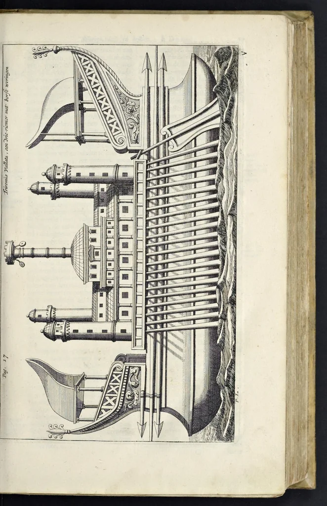 An illustration from Aeloude en hedendaegsche scheeps-bouw en bestier : waer in wijtloopigh wert verhandelt, de wijze van scheeps-timmeren, by Grieken en Romeynen : scheeps-oeffeningen, strijden, tucht, straffe, wetten en gewoonten : beneffens evenmatige grootheden van schepen onses tijts, ontleet in alle hare deelen : verschil van bouwen tusschen uitheemschen en onzen landaert : indisch vaertuygh : galey-bouw : hedendaegsche scheeps-plichten : verrijckt met een reex verklaerde zee-mans spreeck-woorden en benamingen : doorgaens verciert met vele kopere platen, 1671, leaf 46
