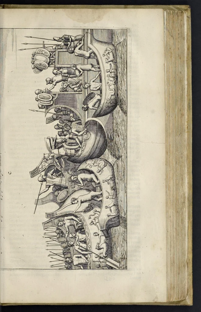 An illustration from Aeloude en hedendaegsche scheeps-bouw en bestier : waer in wijtloopigh wert verhandelt, de wijze van scheeps-timmeren, by Grieken en Romeynen : scheeps-oeffeningen, strijden, tucht, straffe, wetten en gewoonten : beneffens evenmatige grootheden van schepen onses tijts, ontleet in alle hare deelen : verschil van bouwen tusschen uitheemschen en onzen landaert : indisch vaertuygh : galey-bouw : hedendaegsche scheeps-plichten : verrijckt met een reex verklaerde zee-mans spreeck-woorden en benamingen : doorgaens verciert met vele kopere platen, 1671, leaf 524