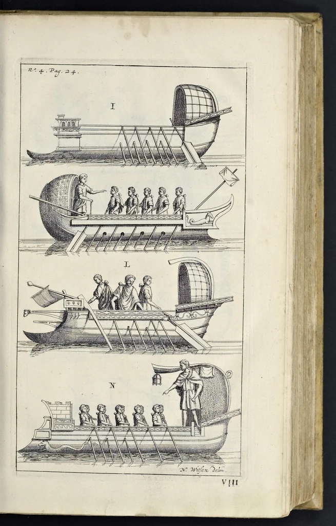 An illustration from Aeloude en hedendaegsche scheeps-bouw en bestier : waer in wijtloopigh wert verhandelt, de wijze van scheeps-timmeren, by Grieken en Romeynen : scheeps-oeffeningen, strijden, tucht, straffe, wetten en gewoonten : beneffens evenmatige grootheden van schepen onses tijts, ontleet in alle hare deelen : verschil van bouwen tusschen uitheemschen en onzen landaert : indisch vaertuygh : galey-bouw : hedendaegsche scheeps-plichten : verrijckt met een reex verklaerde zee-mans spreeck-woorden en benamingen : doorgaens verciert met vele kopere platen, 1671, leaf 60
