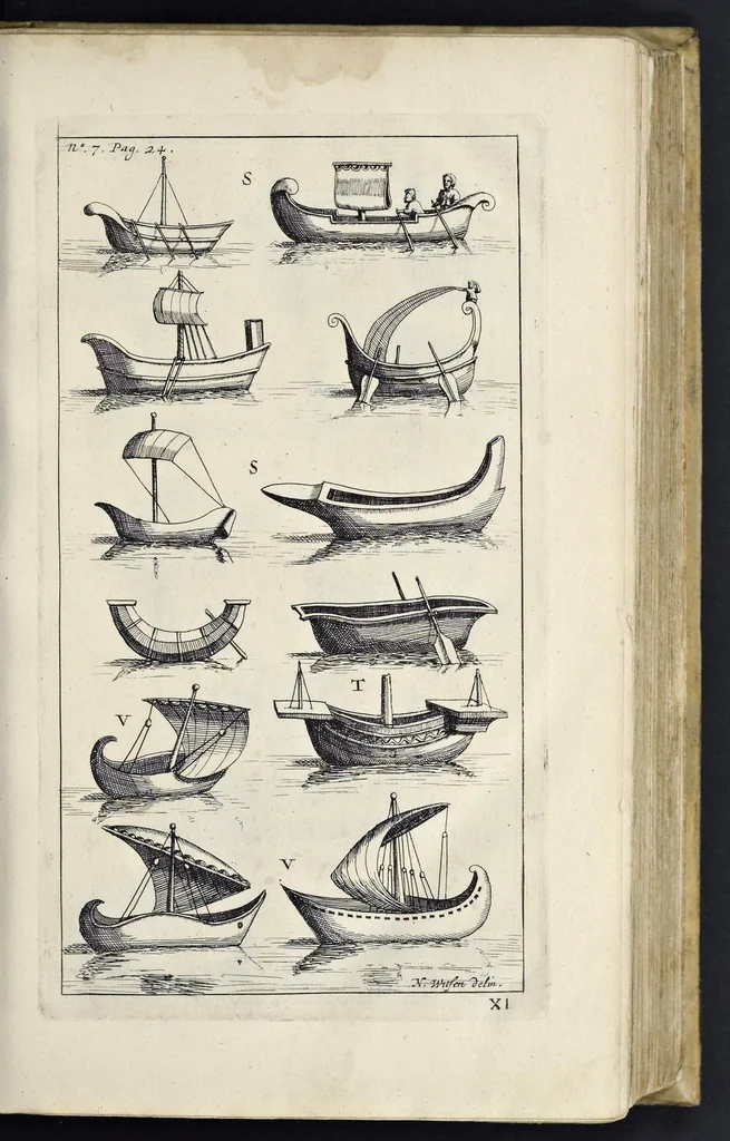 An illustration from Aeloude en hedendaegsche scheeps-bouw en bestier : waer in wijtloopigh wert verhandelt, de wijze van scheeps-timmeren, by Grieken en Romeynen : scheeps-oeffeningen, strijden, tucht, straffe, wetten en gewoonten : beneffens evenmatige grootheden van schepen onses tijts, ontleet in alle hare deelen : verschil van bouwen tusschen uitheemschen en onzen landaert : indisch vaertuygh : galey-bouw : hedendaegsche scheeps-plichten : verrijckt met een reex verklaerde zee-mans spreeck-woorden en benamingen : doorgaens verciert met vele kopere platen, 1671, leaf 66