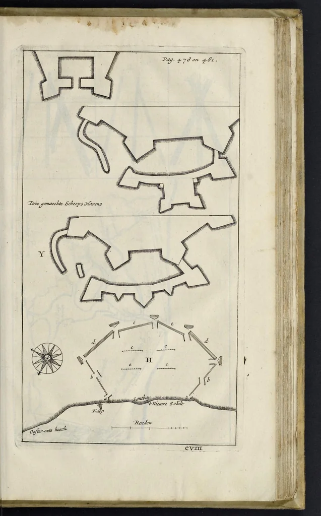 An illustration from Aeloude en hedendaegsche scheeps-bouw en bestier : waer in wijtloopigh wert verhandelt, de wijze van scheeps-timmeren, by Grieken en Romeynen : scheeps-oeffeningen, strijden, tucht, straffe, wetten en gewoonten : beneffens evenmatige grootheden van schepen onses tijts, ontleet in alle hare deelen : verschil van bouwen tusschen uitheemschen en onzen landaert : indisch vaertuygh : galey-bouw : hedendaegsche scheeps-plichten : verrijckt met een reex verklaerde zee-mans spreeck-woorden en benamingen : doorgaens verciert met vele kopere platen, 1671, leaf 714