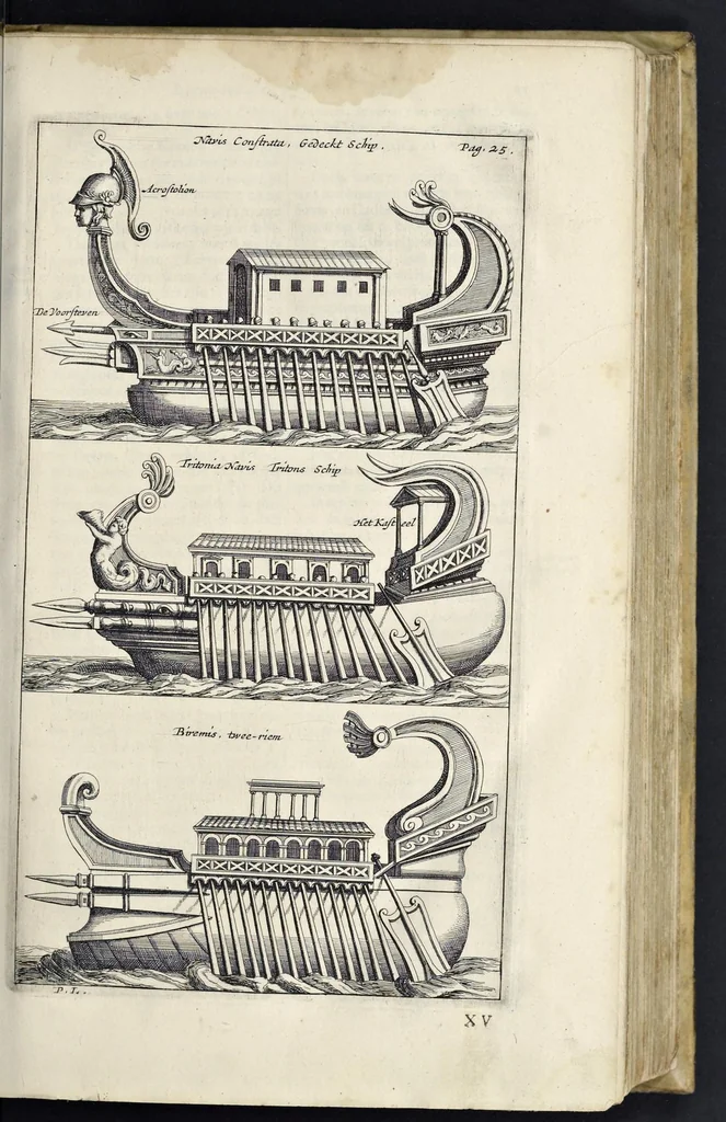 An illustration from Aeloude en hedendaegsche scheeps-bouw en bestier : waer in wijtloopigh wert verhandelt, de wijze van scheeps-timmeren, by Grieken en Romeynen : scheeps-oeffeningen, strijden, tucht, straffe, wetten en gewoonten : beneffens evenmatige grootheden van schepen onses tijts, ontleet in alle hare deelen : verschil van bouwen tusschen uitheemschen en onzen landaert : indisch vaertuygh : galey-bouw : hedendaegsche scheeps-plichten : verrijckt met een reex verklaerde zee-mans spreeck-woorden en benamingen : doorgaens verciert met vele kopere platen, 1671, leaf 74