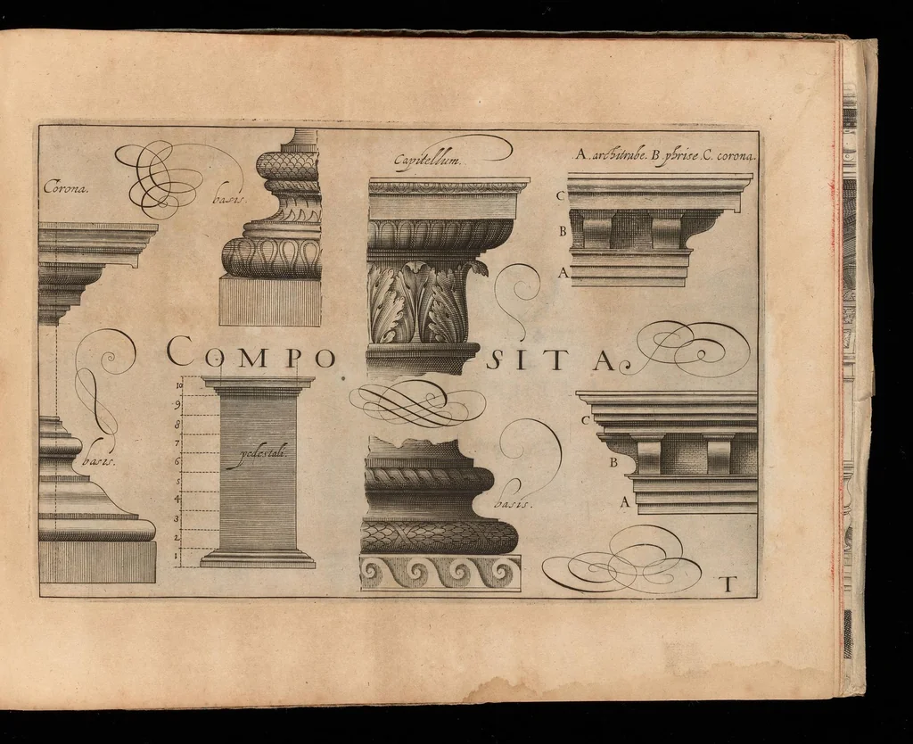 An illustration from Architectvra, die koestliche vnnd weitberumbte Khunst : welche besteht in fünfferley Art der Edifitien, alss namblich Tuscana, Dorica, Ionica, Corinthia, vnnd Composita : diese seind allhie gestelt mitt ihre fundamentale Reglen, vmd die selbige nach die Simmetria, deutlich zu machen mehrthails vber ein stimmend, mit die Lehr von Vitruvio : item ist noch hie bey gefügt viel schöne vnnd herrliche antiquische Edifitien, wie dann auch ettliche modernische Gebewden, nach vorgemelter Khunst der Architectur, in Perspectiva gestellt : sehr nützlich für allen Mahlern, Bildhauweren, Architectur, oder Baumaistern, Maurer, Stainhawern, Zimmerleuten, etc. sampt allen Liebhabern dieser Khunst, 1606, leaf 40