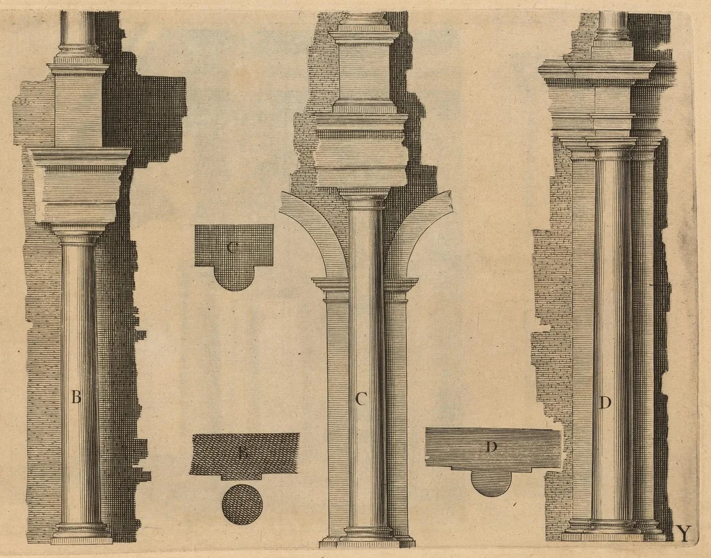An illustration from Architectvra, die koestliche vnnd weitberumbte Khunst : welche besteht in fünfferley Art der Edifitien, alss namblich Tuscana, Dorica, Ionica, Corinthia, vnnd Composita : diese seind allhie gestelt mitt ihre fundamentale Reglen, vmd die selbige nach die Simmetria, deutlich zu machen mehrthails vber ein stimmend, mit die Lehr von Vitruvio : item ist noch hie bey gefügt viel schöne vnnd herrliche antiquische Edifitien, wie dann auch ettliche modernische Gebewden, nach vorgemelter Khunst der Architectur, in Perspectiva gestellt : sehr nützlich für allen Mahlern, Bildhauweren, Architectur, oder Baumaistern, Maurer, Stainhawern, Zimmerleuten, etc. sampt allen Liebhabern dieser Khunst, 1606, leaf 46