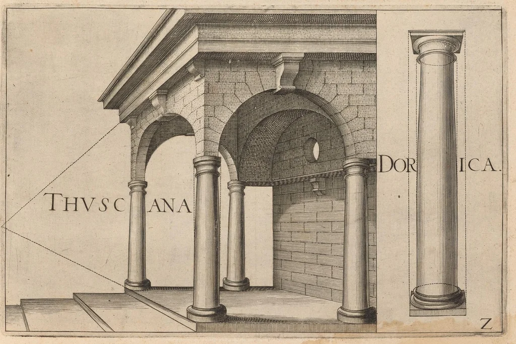 An illustration from Architectvra, die koestliche vnnd weitberumbte Khunst : welche besteht in fünfferley Art der Edifitien, alss namblich Tuscana, Dorica, Ionica, Corinthia, vnnd Composita : diese seind allhie gestelt mitt ihre fundamentale Reglen, vmd die selbige nach die Simmetria, deutlich zu machen mehrthails vber ein stimmend, mit die Lehr von Vitruvio : item ist noch hie bey gefügt viel schöne vnnd herrliche antiquische Edifitien, wie dann auch ettliche modernische Gebewden, nach vorgemelter Khunst der Architectur, in Perspectiva gestellt : sehr nützlich für allen Mahlern, Bildhauweren, Architectur, oder Baumaistern, Maurer, Stainhawern, Zimmerleuten, etc. sampt allen Liebhabern dieser Khunst, 1606, leaf 48