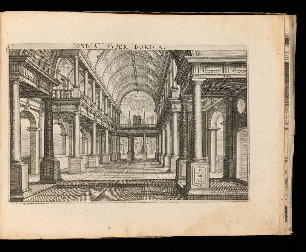 An illustration from Architectvra, die koestliche vnnd weitberumbte Khunst : welche besteht in fünfferley Art der Edifitien, alss namblich Tuscana, Dorica, Ionica, Corinthia, vnnd Composita : diese seind allhie gestelt mitt ihre fundamentale Reglen, vmd die selbige nach die Simmetria, deutlich zu machen mehrthails vber ein stimmend, mit die Lehr von Vitruvio : item ist noch hie bey gefügt viel schöne vnnd herrliche antiquische Edifitien, wie dann auch ettliche modernische Gebewden, nach vorgemelter Khunst der Architectur, in Perspectiva gestellt : sehr nützlich für allen Mahlern, Bildhauweren, Architectur, oder Baumaistern, Maurer, Stainhawern, Zimmerleuten, etc. sampt allen Liebhabern dieser Khunst, 1606, leaf 52