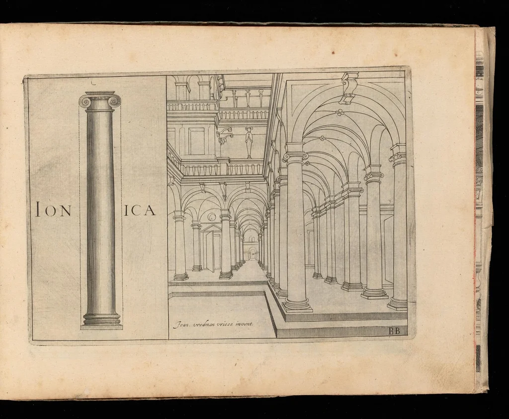 An illustration from Architectvra, die koestliche vnnd weitberumbte Khunst : welche besteht in fünfferley Art der Edifitien, alss namblich Tuscana, Dorica, Ionica, Corinthia, vnnd Composita : diese seind allhie gestelt mitt ihre fundamentale Reglen, vmd die selbige nach die Simmetria, deutlich zu machen mehrthails vber ein stimmend, mit die Lehr von Vitruvio : item ist noch hie bey gefügt viel schöne vnnd herrliche antiquische Edifitien, wie dann auch ettliche modernische Gebewden, nach vorgemelter Khunst der Architectur, in Perspectiva gestellt : sehr nützlich für allen Mahlern, Bildhauweren, Architectur, oder Baumaistern, Maurer, Stainhawern, Zimmerleuten, etc. sampt allen Liebhabern dieser Khunst, 1606, leaf 54