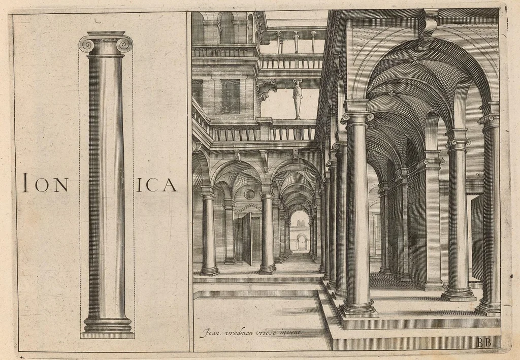 An illustration from Architectvra, die koestliche vnnd weitberumbte Khunst : welche besteht in fünfferley Art der Edifitien, alss namblich Tuscana, Dorica, Ionica, Corinthia, vnnd Composita : diese seind allhie gestelt mitt ihre fundamentale Reglen, vmd die selbige nach die Simmetria, deutlich zu machen mehrthails vber ein stimmend, mit die Lehr von Vitruvio : item ist noch hie bey gefügt viel schöne vnnd herrliche antiquische Edifitien, wie dann auch ettliche modernische Gebewden, nach vorgemelter Khunst der Architectur, in Perspectiva gestellt : sehr nützlich für allen Mahlern, Bildhauweren, Architectur, oder Baumaistern, Maurer, Stainhawern, Zimmerleuten, etc. sampt allen Liebhabern dieser Khunst, 1606, leaf 56