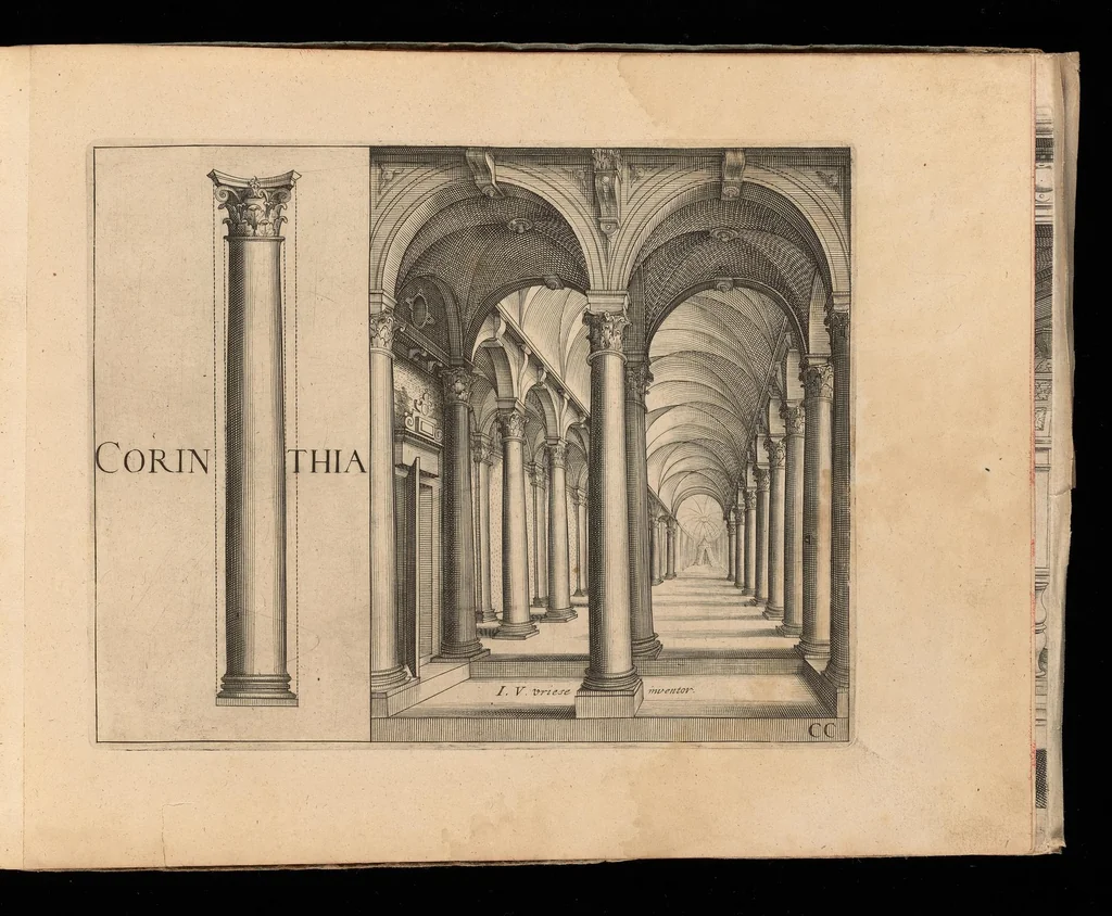 An illustration from Architectvra, die koestliche vnnd weitberumbte Khunst : welche besteht in fünfferley Art der Edifitien, alss namblich Tuscana, Dorica, Ionica, Corinthia, vnnd Composita : diese seind allhie gestelt mitt ihre fundamentale Reglen, vmd die selbige nach die Simmetria, deutlich zu machen mehrthails vber ein stimmend, mit die Lehr von Vitruvio : item ist noch hie bey gefügt viel schöne vnnd herrliche antiquische Edifitien, wie dann auch ettliche modernische Gebewden, nach vorgemelter Khunst der Architectur, in Perspectiva gestellt : sehr nützlich für allen Mahlern, Bildhauweren, Architectur, oder Baumaistern, Maurer, Stainhawern, Zimmerleuten, etc. sampt allen Liebhabern dieser Khunst, 1606, leaf 60