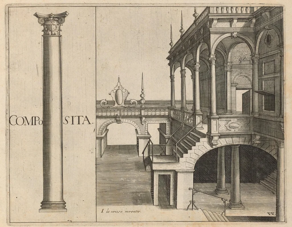 An illustration from Architectvra, die koestliche vnnd weitberumbte Khunst : welche besteht in fünfferley Art der Edifitien, alss namblich Tuscana, Dorica, Ionica, Corinthia, vnnd Composita : diese seind allhie gestelt mitt ihre fundamentale Reglen, vmd die selbige nach die Simmetria, deutlich zu machen mehrthails vber ein stimmend, mit die Lehr von Vitruvio : item ist noch hie bey gefügt viel schöne vnnd herrliche antiquische Edifitien, wie dann auch ettliche modernische Gebewden, nach vorgemelter Khunst der Architectur, in Perspectiva gestellt : sehr nützlich für allen Mahlern, Bildhauweren, Architectur, oder Baumaistern, Maurer, Stainhawern, Zimmerleuten, etc. sampt allen Liebhabern dieser Khunst, 1606, leaf 64