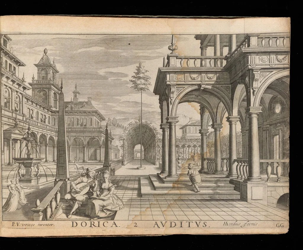 An illustration from Architectvra, die koestliche vnnd weitberumbte Khunst : welche besteht in fünfferley Art der Edifitien, alss namblich Tuscana, Dorica, Ionica, Corinthia, vnnd Composita : diese seind allhie gestelt mitt ihre fundamentale Reglen, vmd die selbige nach die Simmetria, deutlich zu machen mehrthails vber ein stimmend, mit die Lehr von Vitruvio : item ist noch hie bey gefügt viel schöne vnnd herrliche antiquische Edifitien, wie dann auch ettliche modernische Gebewden, nach vorgemelter Khunst der Architectur, in Perspectiva gestellt : sehr nützlich für allen Mahlern, Bildhauweren, Architectur, oder Baumaistern, Maurer, Stainhawern, Zimmerleuten, etc. sampt allen Liebhabern dieser Khunst, 1606, leaf 68