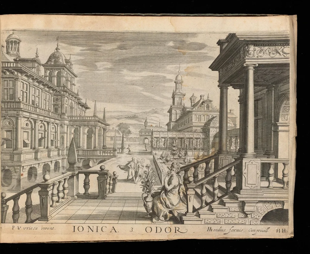 An illustration from Architectvra, die koestliche vnnd weitberumbte Khunst : welche besteht in fünfferley Art der Edifitien, alss namblich Tuscana, Dorica, Ionica, Corinthia, vnnd Composita : diese seind allhie gestelt mitt ihre fundamentale Reglen, vmd die selbige nach die Simmetria, deutlich zu machen mehrthails vber ein stimmend, mit die Lehr von Vitruvio : item ist noch hie bey gefügt viel schöne vnnd herrliche antiquische Edifitien, wie dann auch ettliche modernische Gebewden, nach vorgemelter Khunst der Architectur, in Perspectiva gestellt : sehr nützlich für allen Mahlern, Bildhauweren, Architectur, oder Baumaistern, Maurer, Stainhawern, Zimmerleuten, etc. sampt allen Liebhabern dieser Khunst, 1606, leaf 70
