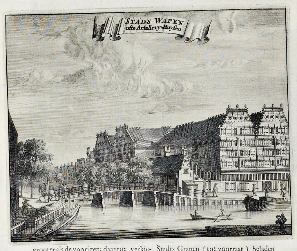 An illustration from Beschryvinge van Amsterdam : zynde een naukeurige verhandelinge van desselfs eerste oorspruk uyt den huyse der heeren van Amstel, en Amstellant : haar vergrootingen, rykdom, en wyze van regeeringe, tot den jare 1691 : voor dezen uit verscheide oude historie-schryvers be eengesteld, en uytgegeven : en nu uit een meenigte van oude schriften, authentyke stukken, en met kopere afbeeldingen verciert, nooit voor desen gedruckt geweest, beschreven, en vermeerdert, 1693, leaf 195