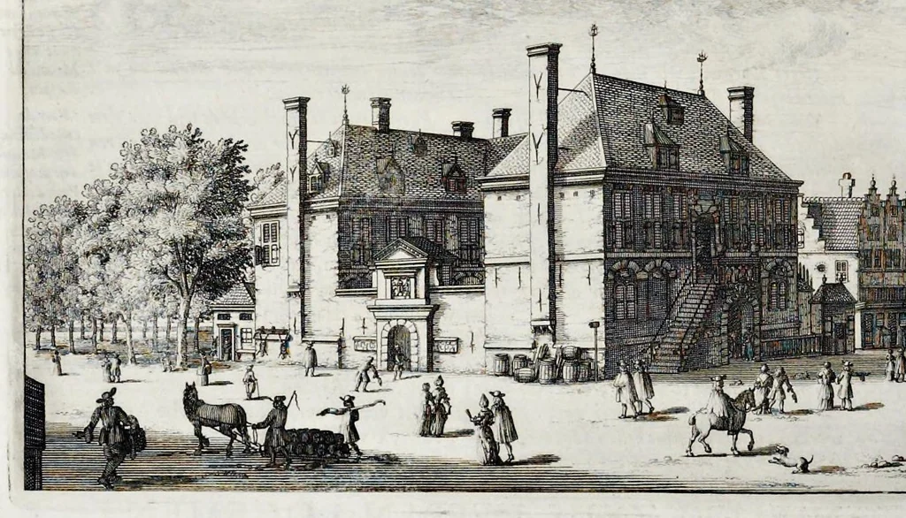 An illustration from Beschryvinge van Amsterdam : zynde een naukeurige verhandelinge van desselfs eerste oorspruk uyt den huyse der heeren van Amstel, en Amstellant : haar vergrootingen, rykdom, en wyze van regeeringe, tot den jare 1691 : voor dezen uit verscheide oude historie-schryvers be eengesteld, en uytgegeven : en nu uit een meenigte van oude schriften, authentyke stukken, en met kopere afbeeldingen verciert, nooit voor desen gedruckt geweest, beschreven, en vermeerdert, 1693, leaf 199
