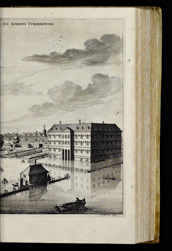 An illustration from Beschryvinge van Amsterdam : zynde een naukeurige verhandelinge van desselfs eerste oorspruk uyt den huyse der heeren van Amstel, en Amstellant : haar vergrootingen, rykdom, en wyze van regeeringe, tot den jare 1691 : voor dezen uit verscheide oude historie-schryvers be eengesteld, en uytgegeven : en nu uit een meenigte van oude schriften, authentyke stukken, en met kopere afbeeldingen verciert, nooit voor desen gedruckt geweest, beschreven, en vermeerdert, 1693, leaf 282