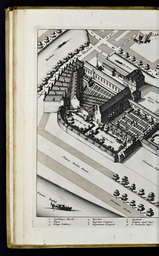 An illustration from Beschryvinge van Amsterdam : zynde een naukeurige verhandelinge van desselfs eerste oorspruk uyt den huyse der heeren van Amstel, en Amstellant : haar vergrootingen, rykdom, en wyze van regeeringe, tot den jare 1691 : voor dezen uit verscheide oude historie-schryvers be eengesteld, en uytgegeven : en nu uit een meenigte van oude schriften, authentyke stukken, en met kopere afbeeldingen verciert, nooit voor desen gedruckt geweest, beschreven, en vermeerdert, 1693, leaf 33