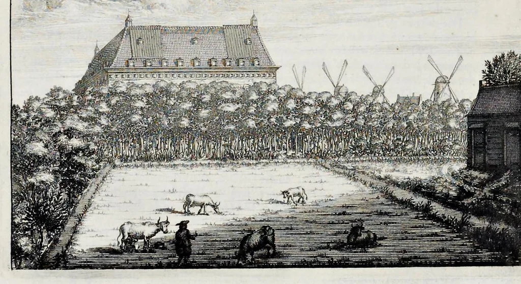 An illustration from Beschryvinge van Amsterdam : zynde een naukeurige verhandelinge van desselfs eerste oorspruk uyt den huyse der heeren van Amstel, en Amstellant : haar vergrootingen, rykdom, en wyze van regeeringe, tot den jare 1691 : voor dezen uit verscheide oude historie-schryvers be eengesteld, en uytgegeven : en nu uit een meenigte van oude schriften, authentyke stukken, en met kopere afbeeldingen verciert, nooit voor desen gedruckt geweest, beschreven, en vermeerdert, 1693, leaf 43