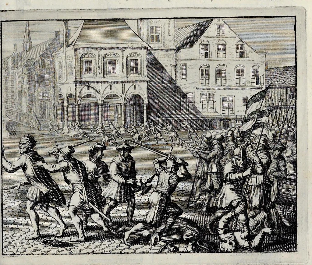 An illustration from Beschryvinge van Amsterdam : zynde een naukeurige verhandelinge van desselfs eerste oorspruk uyt den huyse der heeren van Amstel, en Amstellant : haar vergrootingen, rykdom, en wyze van regeeringe, tot den jare 1691 : voor dezen uit verscheide oude historie-schryvers be eengesteld, en uytgegeven : en nu uit een meenigte van oude schriften, authentyke stukken, en met kopere afbeeldingen verciert, nooit voor desen gedruckt geweest, beschreven, en vermeerdert, 1693, leaf 496
