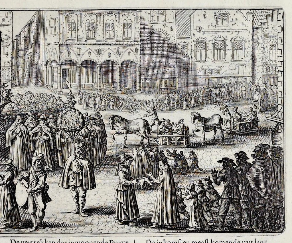 An illustration from Beschryvinge van Amsterdam : zynde een naukeurige verhandelinge van desselfs eerste oorspruk uyt den huyse der heeren van Amstel, en Amstellant : haar vergrootingen, rykdom, en wyze van regeeringe, tot den jare 1691 : voor dezen uit verscheide oude historie-schryvers be eengesteld, en uytgegeven : en nu uit een meenigte van oude schriften, authentyke stukken, en met kopere afbeeldingen verciert, nooit voor desen gedruckt geweest, beschreven, en vermeerdert, 1693, leaf 50