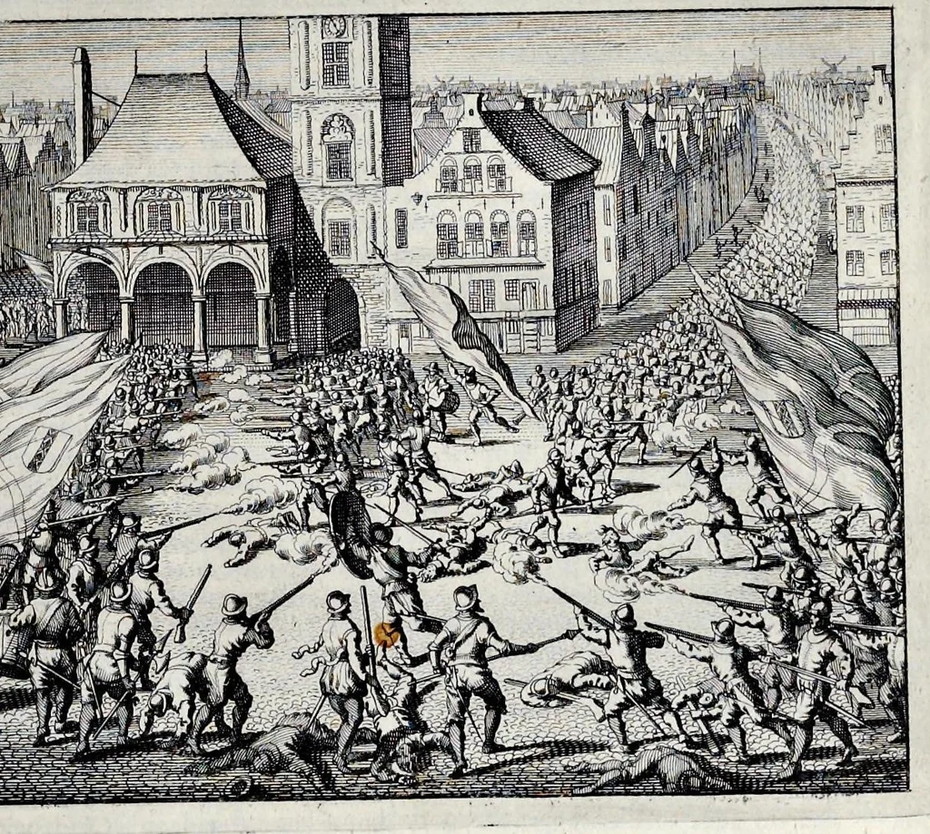 An illustration from Beschryvinge van Amsterdam : zynde een naukeurige verhandelinge van desselfs eerste oorspruk uyt den huyse der heeren van Amstel, en Amstellant : haar vergrootingen, rykdom, en wyze van regeeringe, tot den jare 1691 : voor dezen uit verscheide oude historie-schryvers be eengesteld, en uytgegeven : en nu uit een meenigte van oude schriften, authentyke stukken, en met kopere afbeeldingen verciert, nooit voor desen gedruckt geweest, beschreven, en vermeerdert, 1693, leaf 618