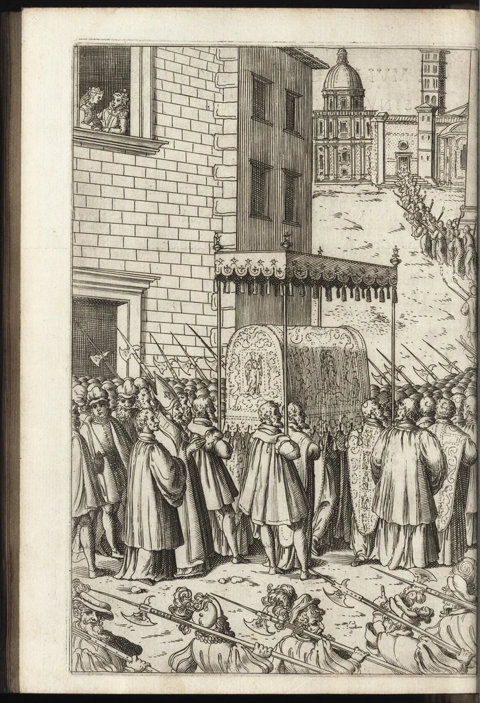 An illustration from De rebvs praeclare gestis a Sixto V. Pon. Max. : Io. Francisci Bordini I.C. et praesbiteri Ro. carminum liber primvs, 1588, leaf 45