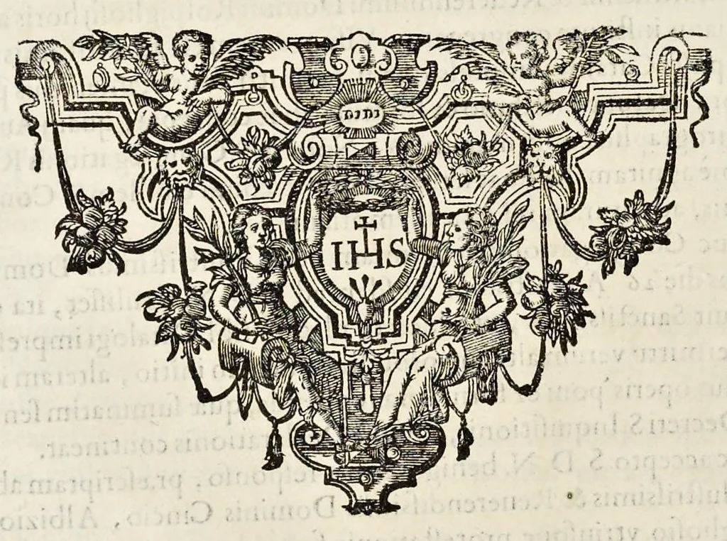 An illustration from Bibliotheca scriptorum Societatis Iesu, : post excusum anno M.DC.VIII. catalogum R.P. Petri Ribadeneiræ Societatis eiusdem theologi;, 1643, leaf 13