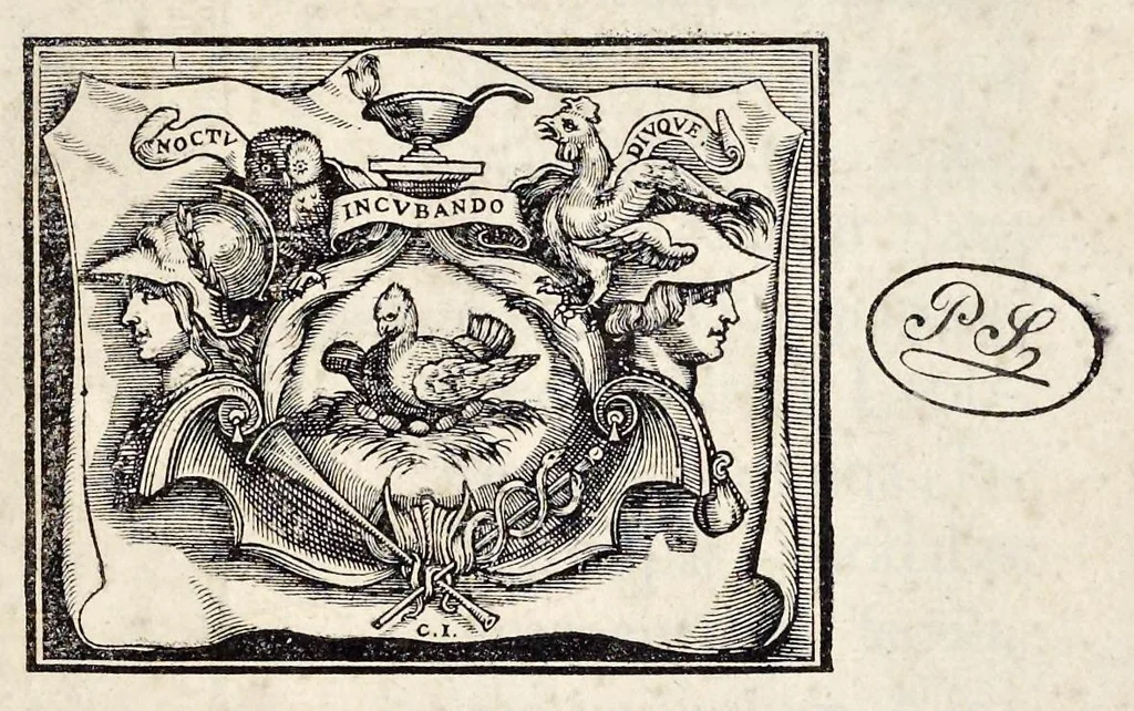 An illustration from Bibliotheca scriptorum Societatis Iesu, : post excusum anno M.DC.VIII. catalogum R.P. Petri Ribadeneiræ Societatis eiusdem theologi;, 1643, leaf 4