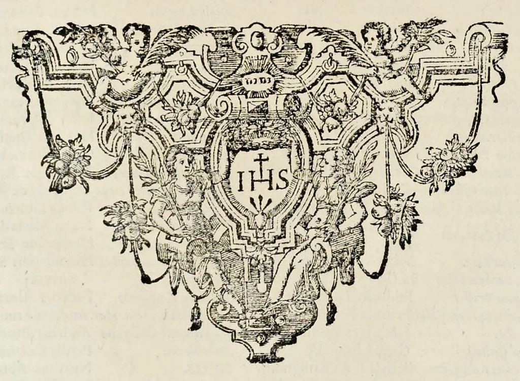 An illustration from Bibliotheca scriptorum Societatis Iesu, : post excusum anno M.DC.VIII. catalogum R.P. Petri Ribadeneiræ Societatis eiusdem theologi;, 1643, leaf 477