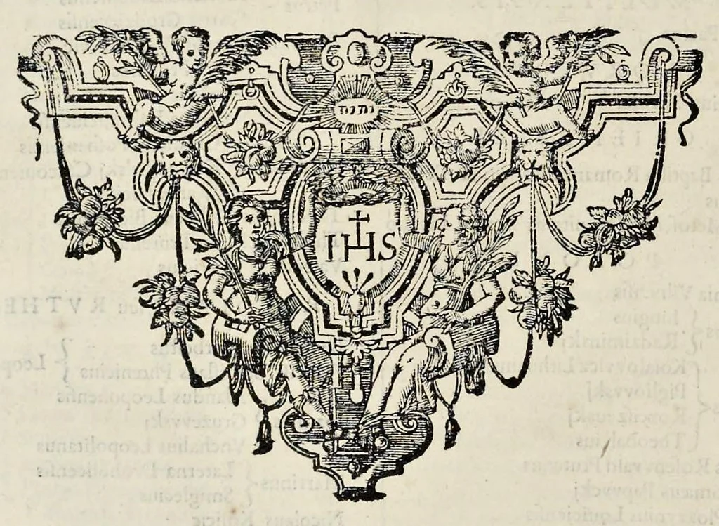 An illustration from Bibliotheca scriptorum Societatis Iesu, : post excusum anno M.DC.VIII. catalogum R.P. Petri Ribadeneiræ Societatis eiusdem theologi;, 1643, leaf 505