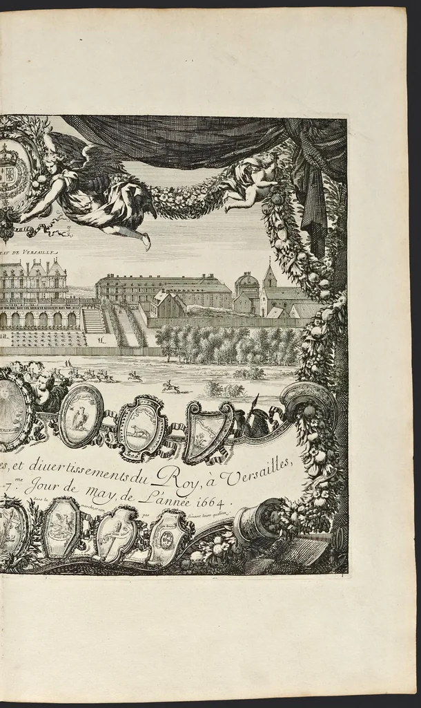 An illustration from Les plaisirs de l'isle enchantée : course de bague : collation ornée de machines, comedie, meslée de danse et de musiq́ue, ballet du palais d'Alcine, feu d'artifice et autres festes galantes et magnifiques faites par le Roy a Versailles, le VII. may M.DC.LXIV, et continuées plusieurs autres jours, 1673, leaf 10