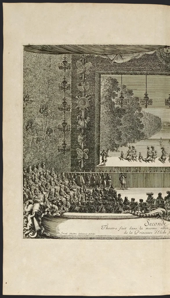 An illustration from Les plaisirs de l'isle enchantée : course de bague : collation ornée de machines, comedie, meslée de danse et de musiq́ue, ballet du palais d'Alcine, feu d'artifice et autres festes galantes et magnifiques faites par le Roy a Versailles, le VII. may M.DC.LXIV, et continuées plusieurs autres jours, 1673, leaf 111