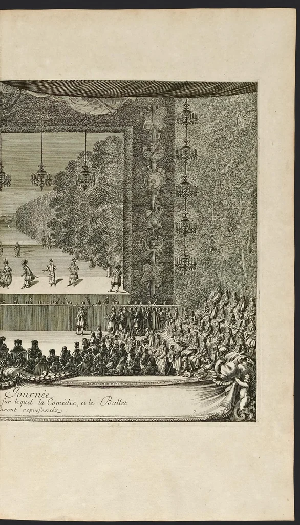 An illustration from Les plaisirs de l'isle enchantée : course de bague : collation ornée de machines, comedie, meslée de danse et de musiq́ue, ballet du palais d'Alcine, feu d'artifice et autres festes galantes et magnifiques faites par le Roy a Versailles, le VII. may M.DC.LXIV, et continuées plusieurs autres jours, 1673, leaf 112