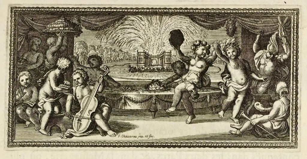 An illustration from Les plaisirs de l'isle enchantée : course de bague : collation ornée de machines, comedie, meslée de danse et de musiq́ue, ballet du palais d'Alcine, feu d'artifice et autres festes galantes et magnifiques faites par le Roy a Versailles, le VII. may M.DC.LXIV, et continuées plusieurs autres jours, 1673, leaf 12