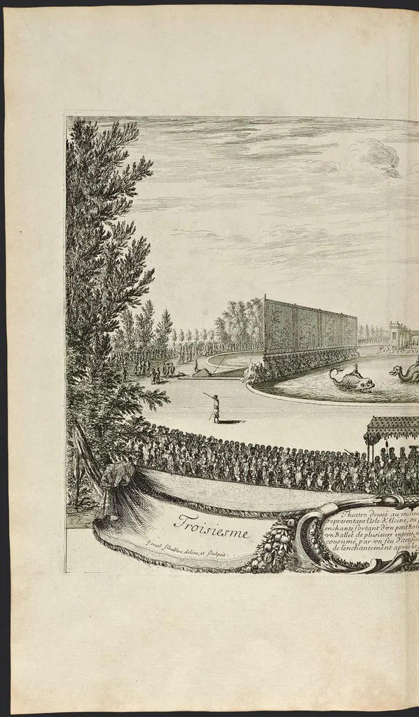 An illustration from Les plaisirs de l'isle enchantée : course de bague : collation ornée de machines, comedie, meslée de danse et de musiq́ue, ballet du palais d'Alcine, feu d'artifice et autres festes galantes et magnifiques faites par le Roy a Versailles, le VII. may M.DC.LXIV, et continuées plusieurs autres jours, 1673, leaf 127