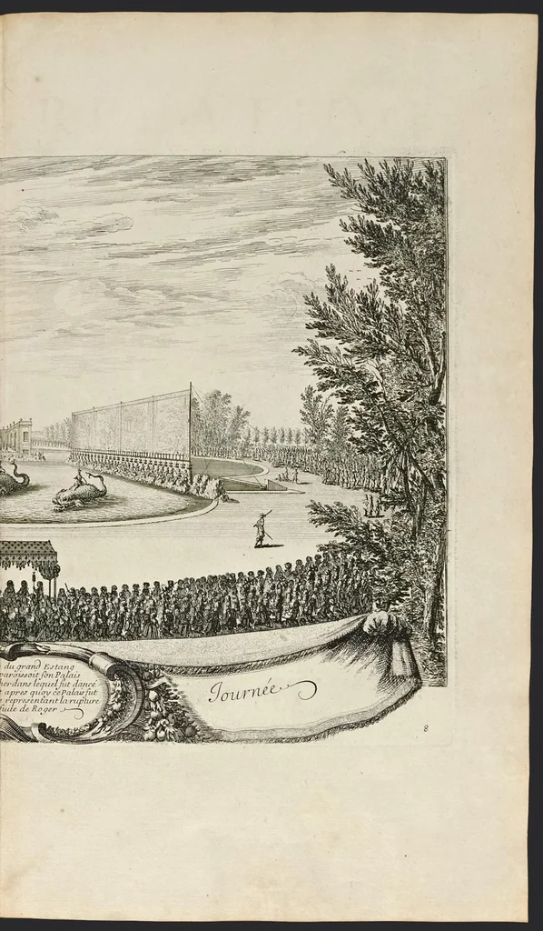 An illustration from Les plaisirs de l'isle enchantée : course de bague : collation ornée de machines, comedie, meslée de danse et de musiq́ue, ballet du palais d'Alcine, feu d'artifice et autres festes galantes et magnifiques faites par le Roy a Versailles, le VII. may M.DC.LXIV, et continuées plusieurs autres jours, 1673, leaf 128