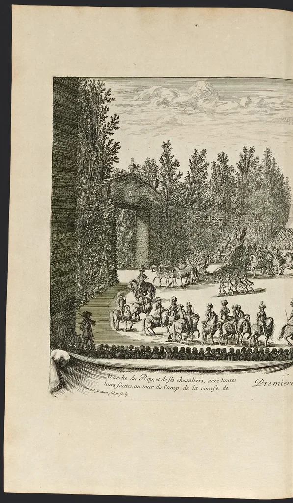 An illustration from Les plaisirs de l'isle enchantée : course de bague : collation ornée de machines, comedie, meslée de danse et de musiq́ue, ballet du palais d'Alcine, feu d'artifice et autres festes galantes et magnifiques faites par le Roy a Versailles, le VII. may M.DC.LXIV, et continuées plusieurs autres jours, 1673, leaf 31